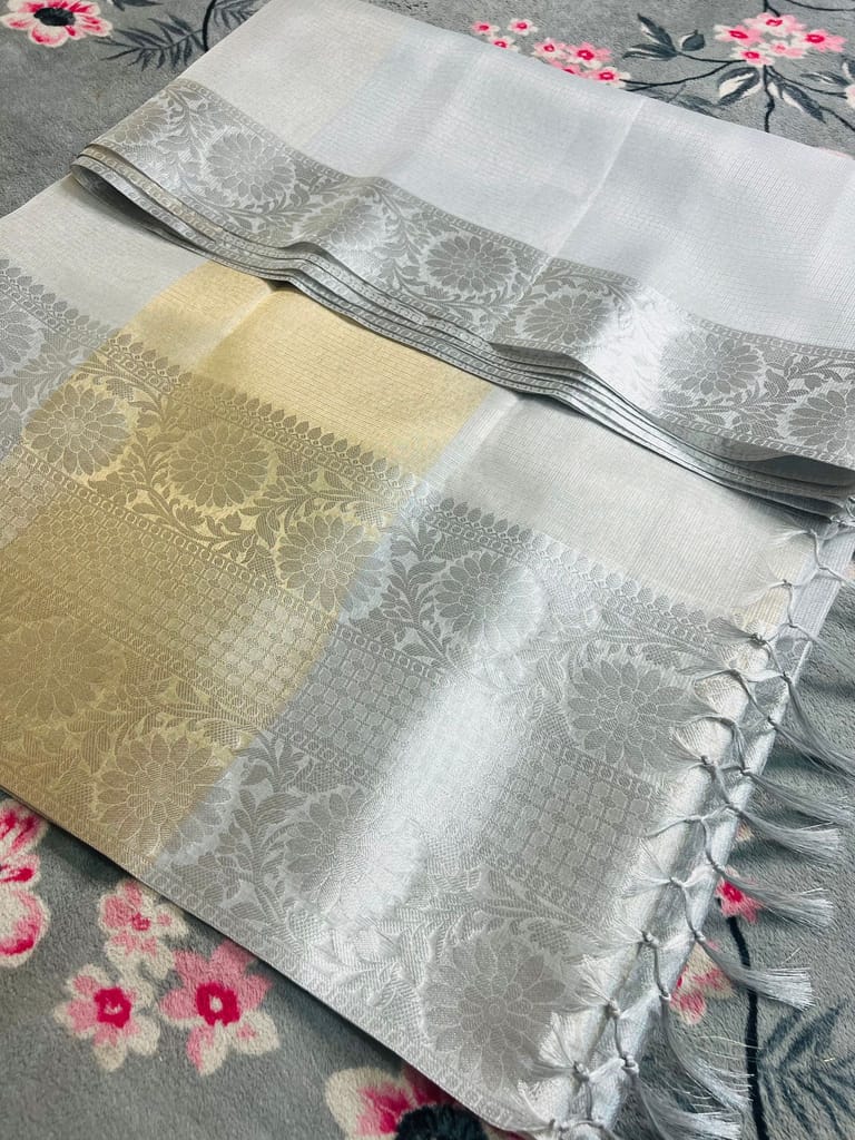 Banarasi All Over Tissue Silk Fancy Flower Design Party Wedding Wear Saree