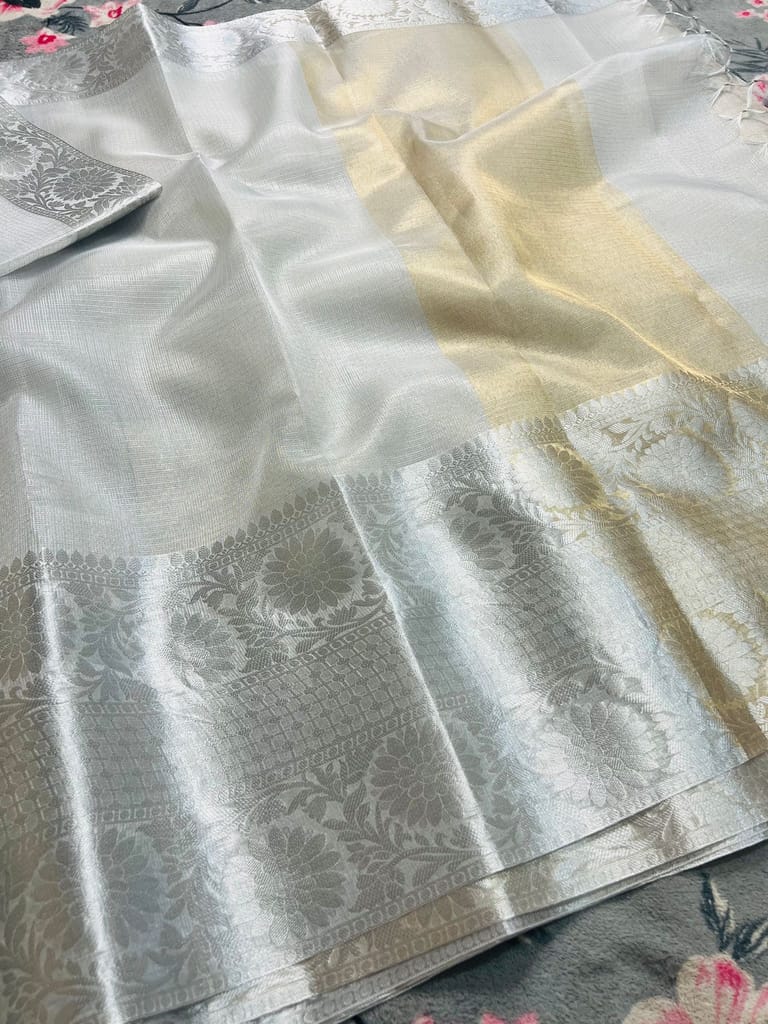 Banarasi All Over Tissue Silk Fancy Flower Design Party Wedding Wear Saree