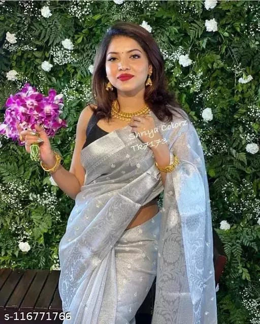 BANARASI TISSUE SILK FANCY FLOWER DESIGN PARTY WEDDING WEAR SAREE