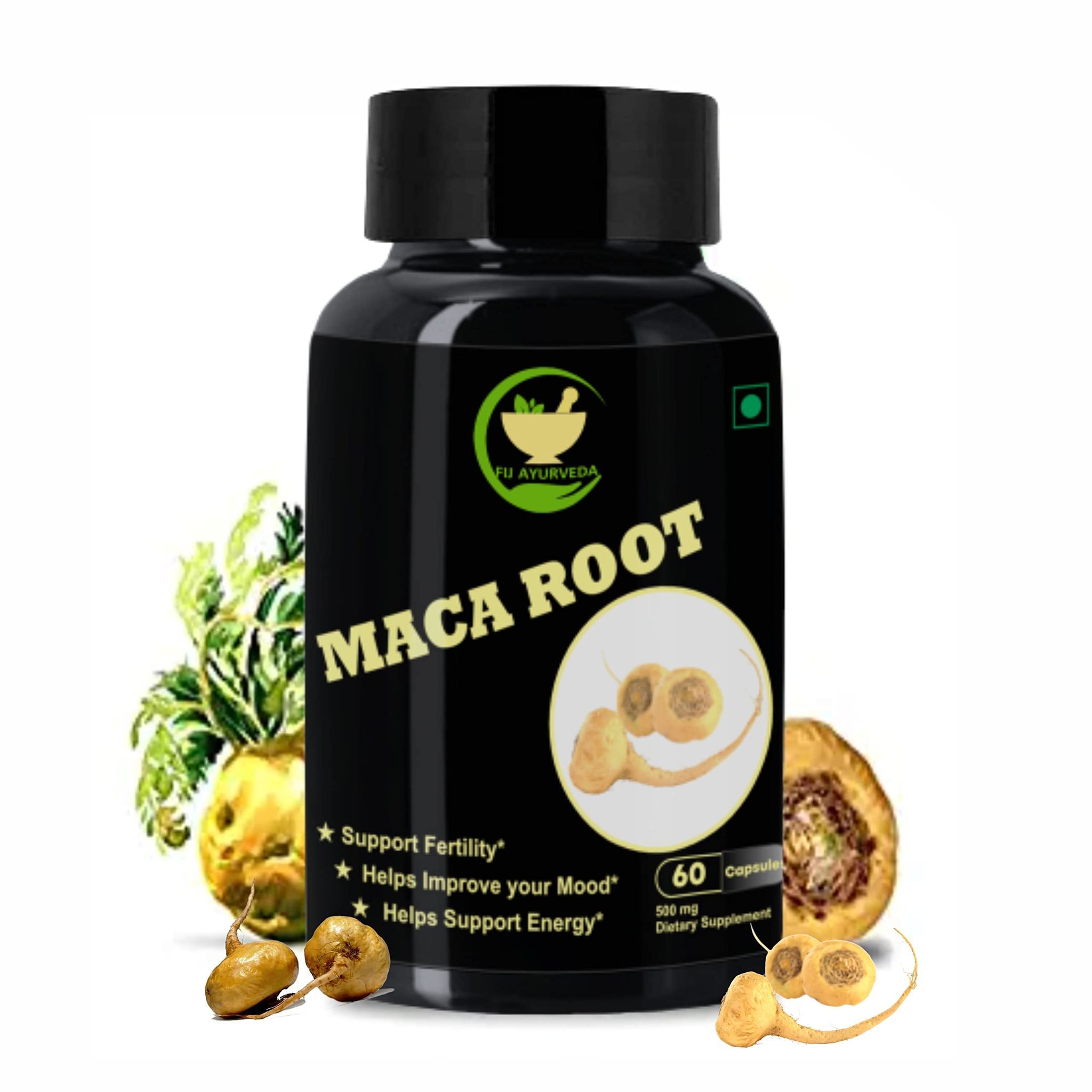 FIJ AYURVEDA Maca Root Extract Capsule Dietary Supplement for Men & Women � 500mg 60 Capsules