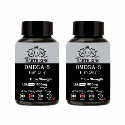 EARTH KING Triple Strength Omega 3 Fish Oil - 1000mg (180 mg EPA & 120 mg DHA) Omega 3 Fish Oil | Fatty Acid | Supports Healthy Heart, Brain, Better Skin, Bones, Joint & Eye Care � 60 Capsules (Pack of 2)