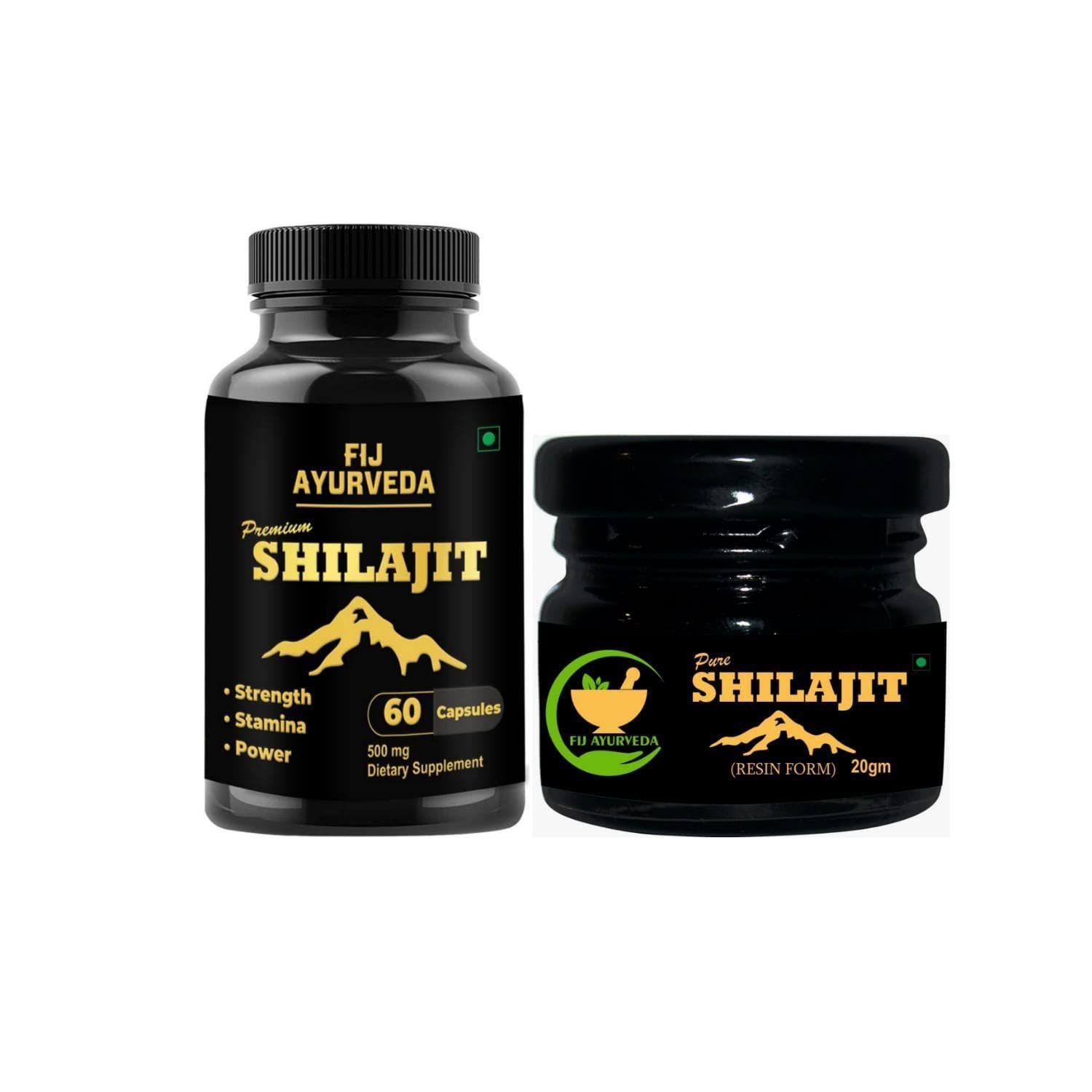 FIJ AYURVEDA Premium Shilajit Extract 60 Capsule with Pure Shilajit/Shilajeet Resin - 20Gm (Combo Pack)