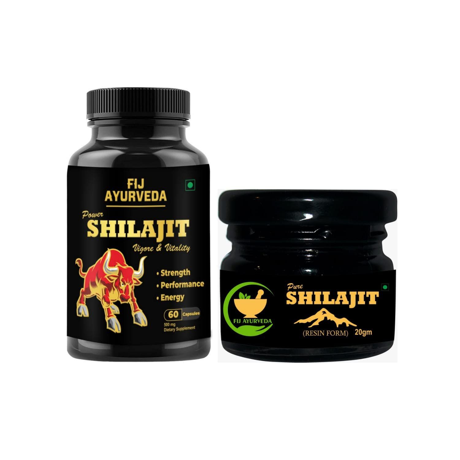 FIJ AYURVEDA Pure Shilajit/Shilajeet Resin 20Gm | Shudh Shilajit | with Power Shilajit Extract � 60 Capsules (Combo Pack)