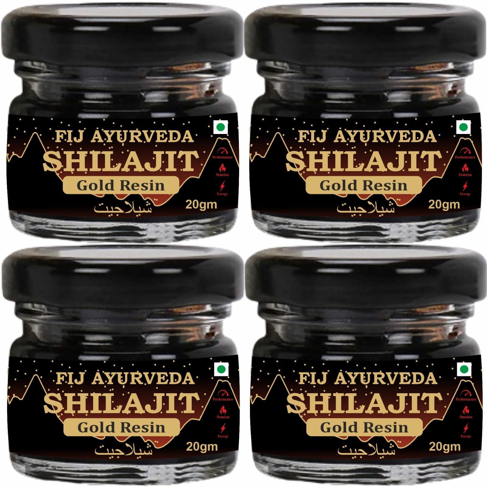 FIJ AYURVEDA Shilajit/Shilajit Gold Resin (Semi Liquid) with Ashwagandha, Black Musli & 24K (Gold | Shudh Shilajit | Supports Strength, Stamina & Energy - 20Gm (Pack of 4)