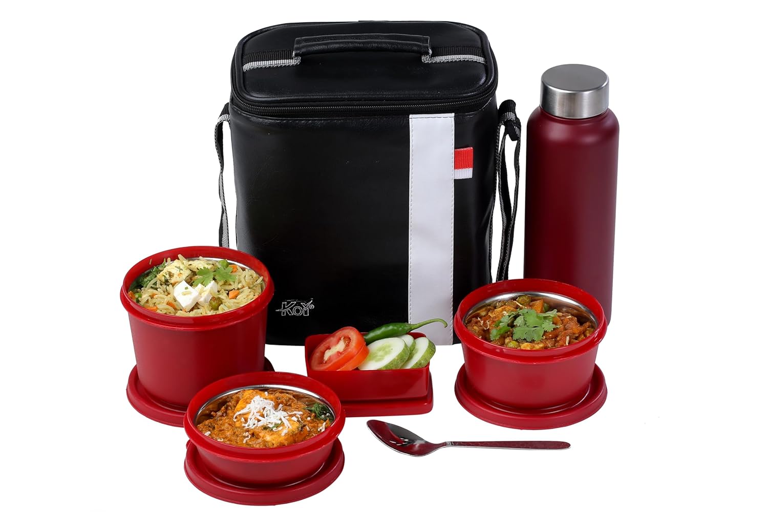 KOI Luxe Lunch Box Set with Insulated Bag and Steel Cutlery – 3 Microwave Safe Steel Containers bpa Free (290ml, 450ml, 600ml), Plastic Pickle Box (180ml), and 750ml Steel Water Bottle(Maroon)