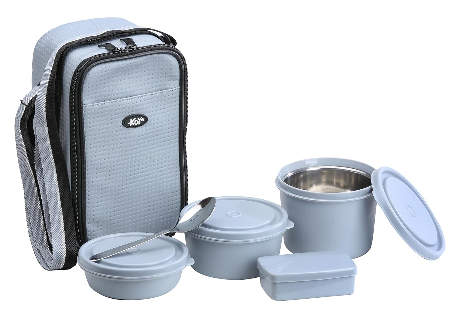 KOI TiffinPro Lunch Box Set with Insulated Bag 3 Microwave Safe Inner Steel Containers with BPA-Free Lids (290ml, 450ml, 600ml), Plastic Pickle Box(180)