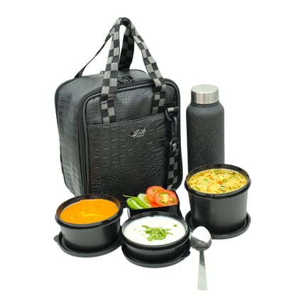 KOI PRO Lunch Box Set with Insulated Bag and Steel Cutlery 3 Microwave Safe Steel Containers (290ml, 450ml, 600ml), Plastic Pickle Box (180ml), and 750ml Steel Water Bottle (Black)