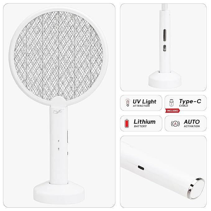 Portable Mosquito Bat with UV Light, Lithium Battery and USB Charging. Compact Design for Home and Outdoor Use. (White)