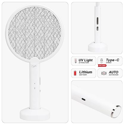 Portable Mosquito Bat with UV Light, Lithium Battery and USB Charging. Compact Design for Home and Outdoor Use. (White)
