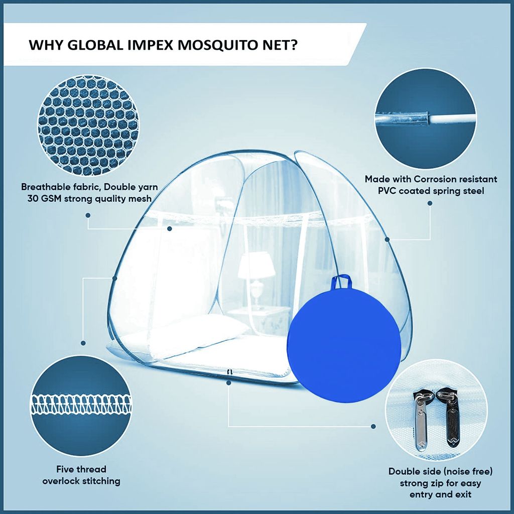 GLOBAL IMPEX Foldable Mosquito Net for King Size Double Bed β 30 GSM Polyester Machardani with Rustproof PVC Coated Steel Frame β Easy Setup for Home Use (White & Blue)
