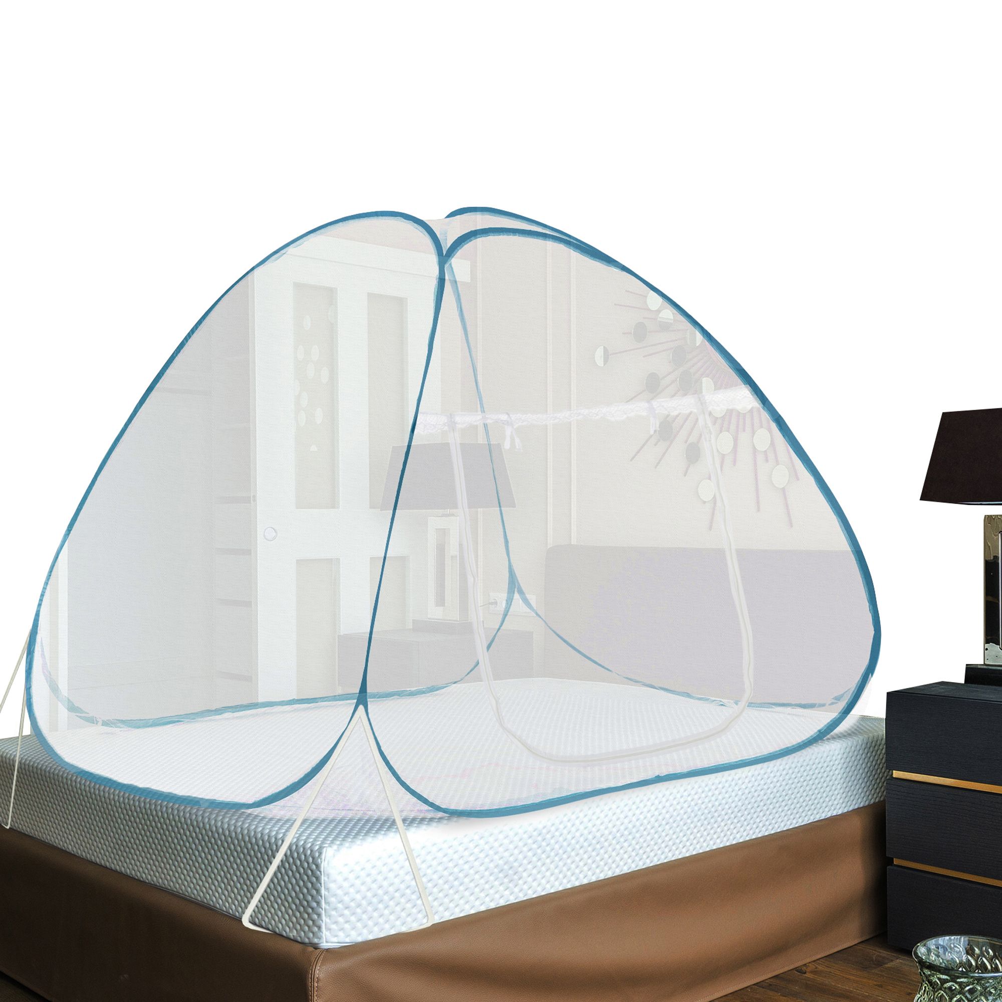 GLOBAL IMPEX Foldable Mosquito Net for King Size Double Bed โ 30 GSM Polyester Machardani with Rustproof PVC Coated Steel Frame โ Easy Setup for Home Use (White & Blue)