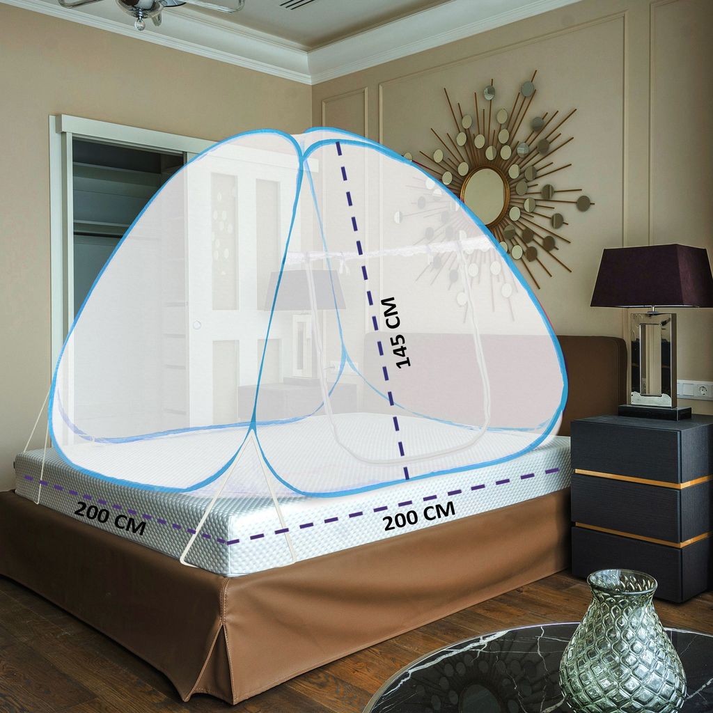 GLOBAL IMPEX Foldable Mosquito Net for King Size Double Bed β 30 GSM Polyester Machardani with Rustproof PVC Coated Steel Frame β Easy Setup for Home Use (White & Blue)