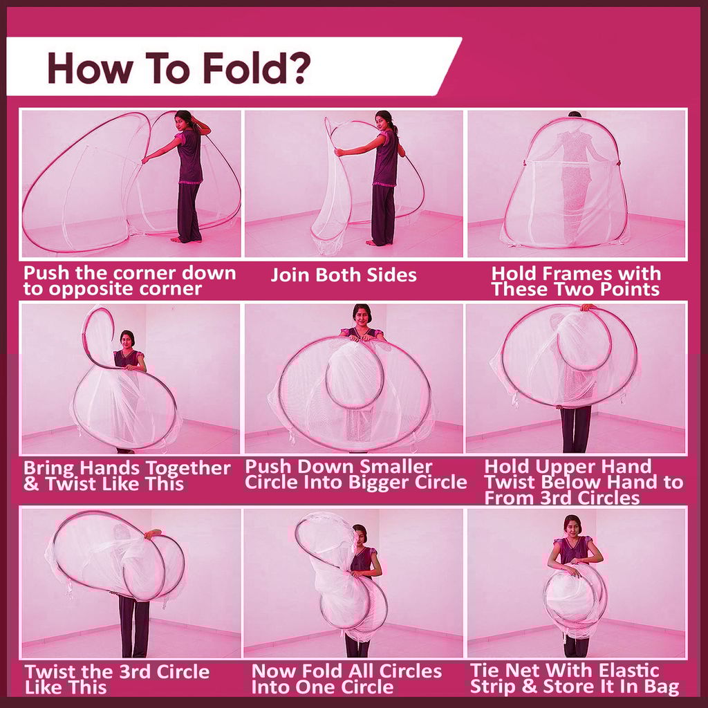 GLOBAL IMPEX Foldable Mosquito Net for King Size Double Bed – 30 GSM Polyester Machardani with Rustproof PVC Coated Steel Frame – Easy Setup for Home Use (White & Pink)