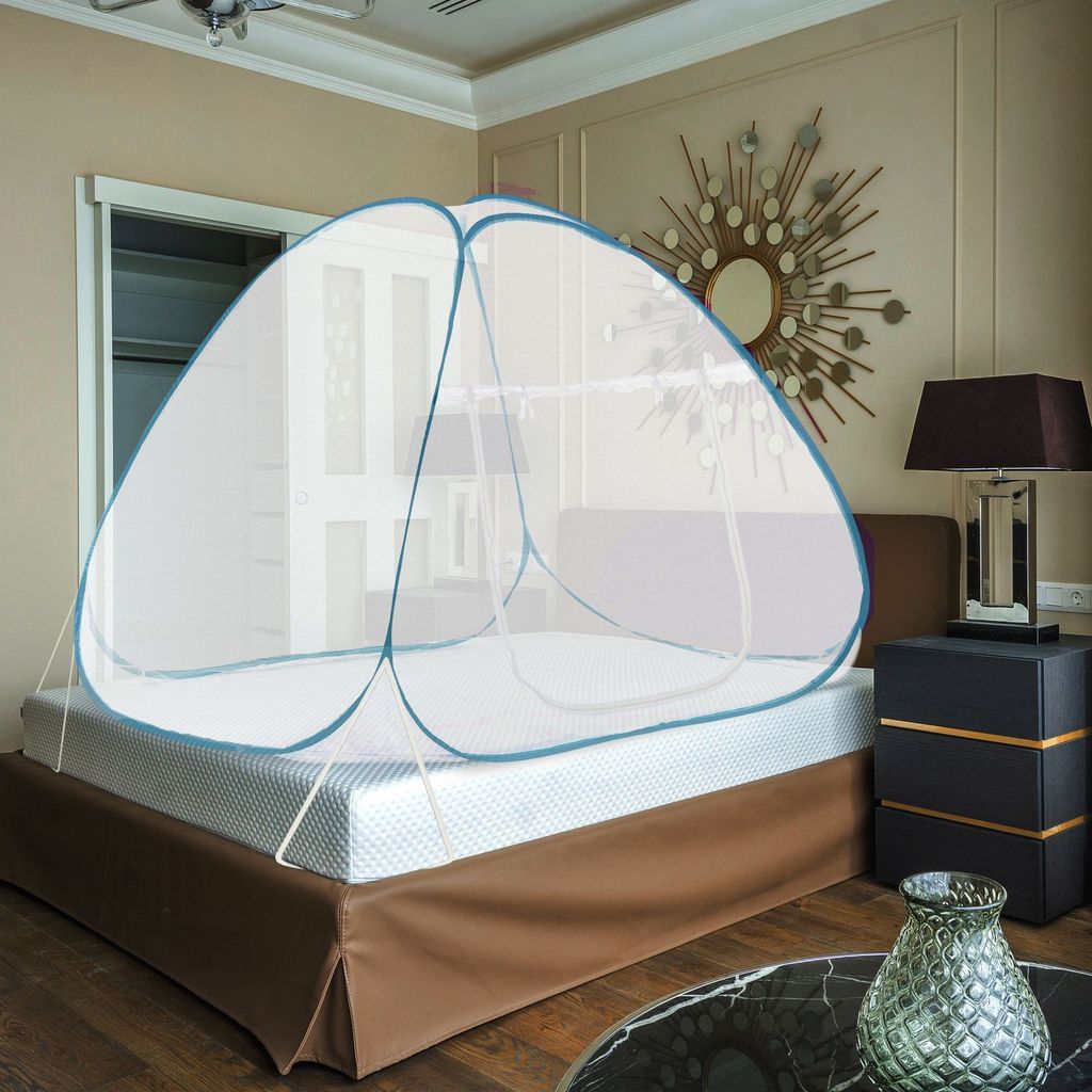 GLOBAL IMPEX Foldable Mosquito Net for King Size Double Bed β 30 GSM Polyester Machardani with Rustproof PVC Coated Steel Frame β Easy Setup for Home Use (White & Blue)