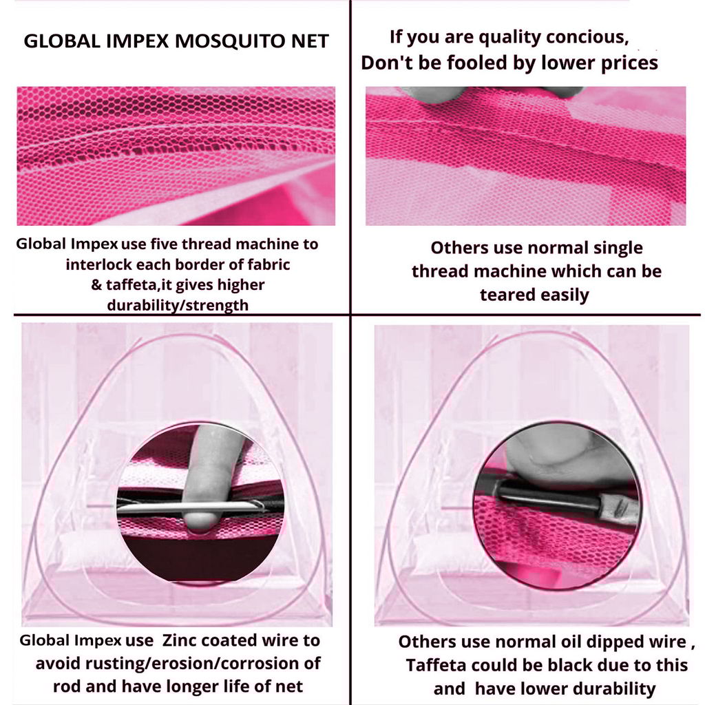 GLOBAL IMPEX Foldable Mosquito Net for King Size Double Bed – 30 GSM Polyester Machardani with Rustproof PVC Coated Steel Frame – Easy Setup for Home Use (White & Pink)