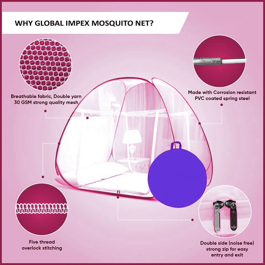 GLOBAL IMPEX Foldable Mosquito Net for King Size Double Bed – 30 GSM Polyester Machardani with Rustproof PVC Coated Steel Frame – Easy Setup for Home Use (White & Pink)