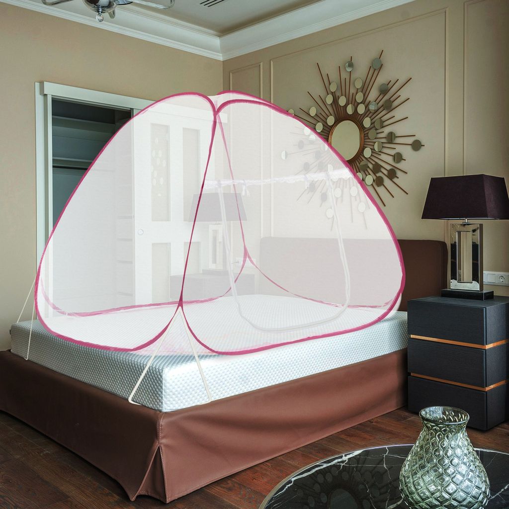 GLOBAL IMPEX Foldable Mosquito Net for King Size Double Bed – 30 GSM Polyester Machardani with Rustproof PVC Coated Steel Frame – Easy Setup for Home Use (White & Pink)