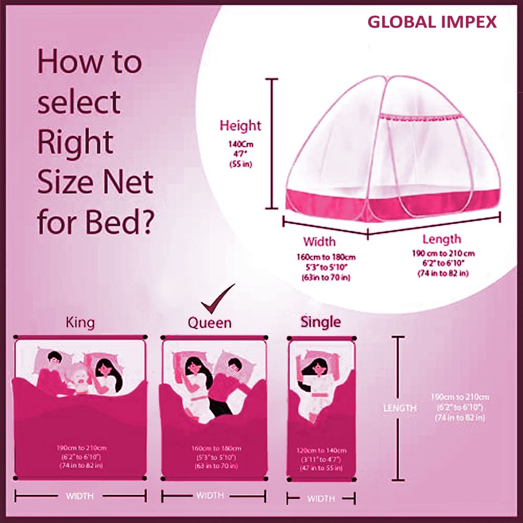 GLOBAL IMPEX Foldable Mosquito Net for King Size Double Bed – 30 GSM Polyester Machardani with Rustproof PVC Coated Steel Frame – Easy Setup for Home Use (White & Pink)