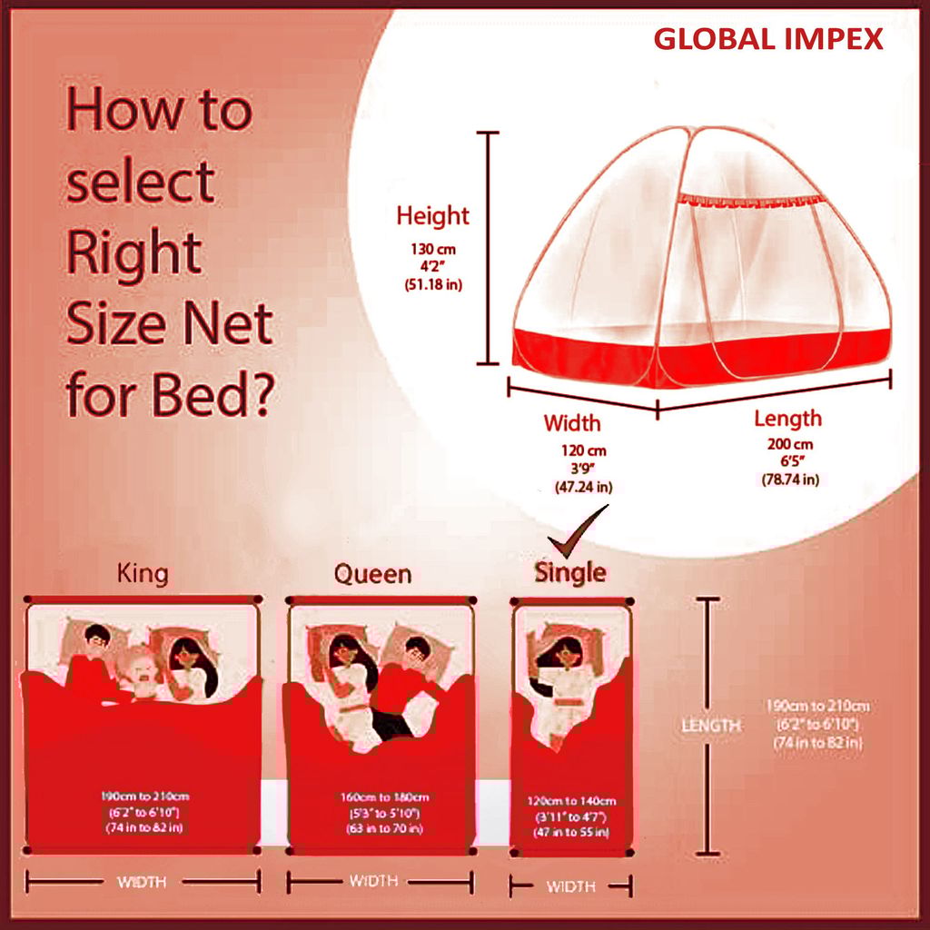 GLOBAL IMPEX Foldable Mosquito Net for Single Bed β 30 GSM Polyester Machardani with Rustproof PVC Coated Steel Frame β Easy Setup Insect Protection Net (White & Red)