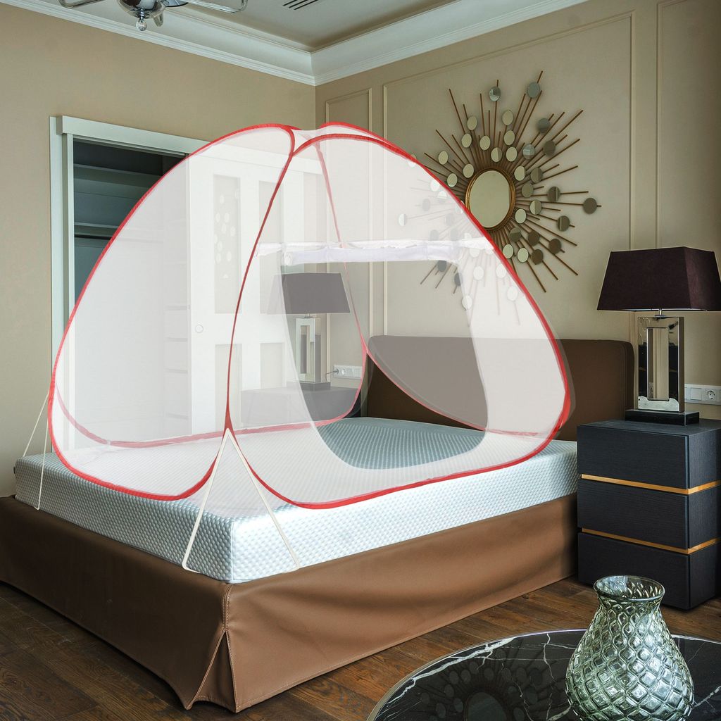 GLOBAL IMPEX Foldable Mosquito Net for Single Bed β 30 GSM Polyester Machardani with Rustproof PVC Coated Steel Frame β Easy Setup Insect Protection Net (White & Red)