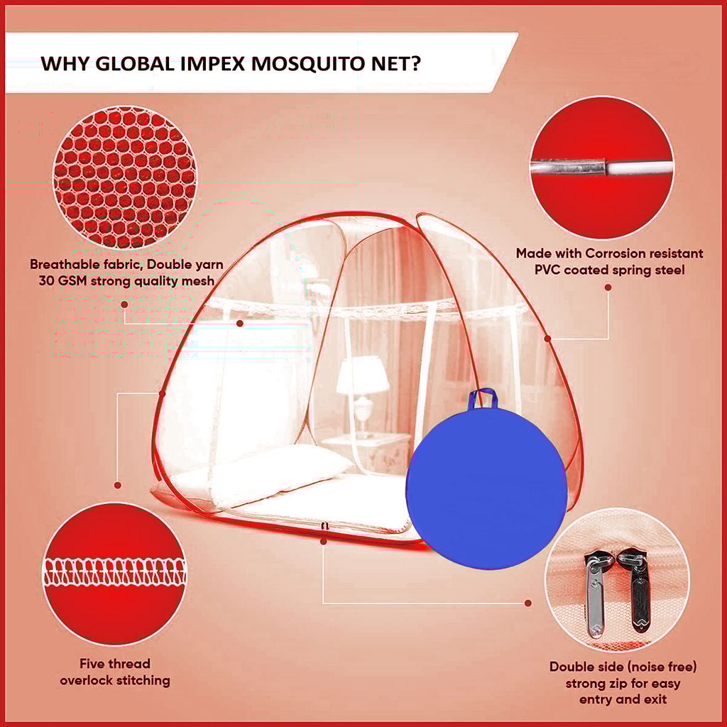 GLOBAL IMPEX Foldable Mosquito Net for Single Bed β 30 GSM Polyester Machardani with Rustproof PVC Coated Steel Frame β Easy Setup Insect Protection Net (White & Red)