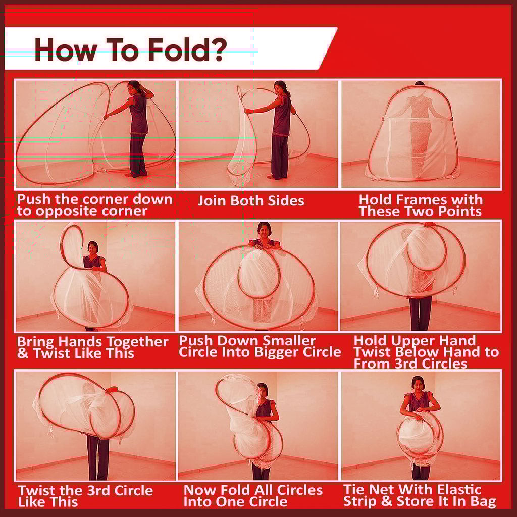 GLOBAL IMPEX Foldable Mosquito Net for Single Bed β 30 GSM Polyester Machardani with Rustproof PVC Coated Steel Frame β Easy Setup Insect Protection Net (White & Red)