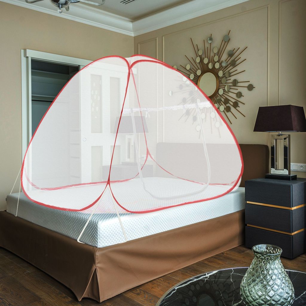 GLOBAL IMPEX Foldable Mosquito Net for Single Bed β 30 GSM Polyester Machardani with Rustproof PVC Coated Steel Frame β Easy Setup Insect Protection Net (White & Red)