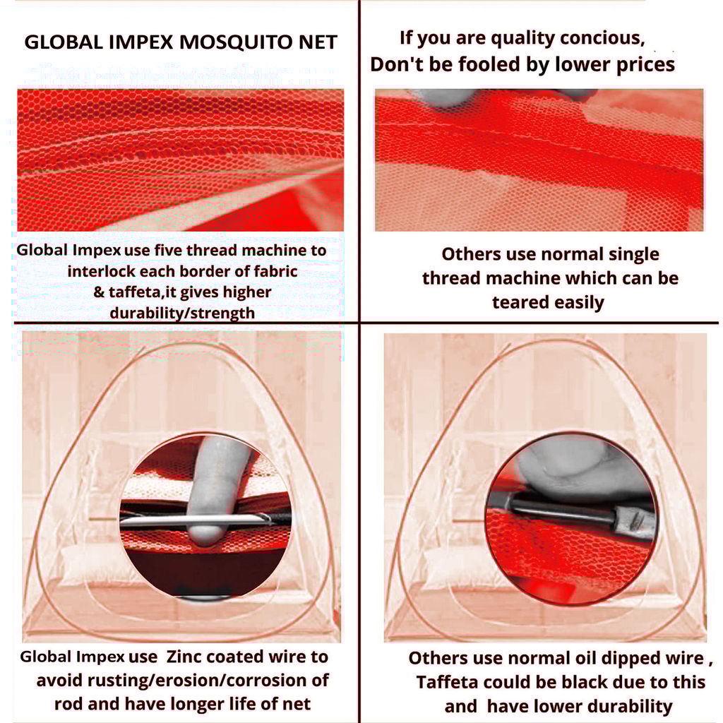 GLOBAL IMPEX Foldable Mosquito Net for Single Bed β 30 GSM Polyester Machardani with Rustproof PVC Coated Steel Frame β Easy Setup Insect Protection Net (White & Red)