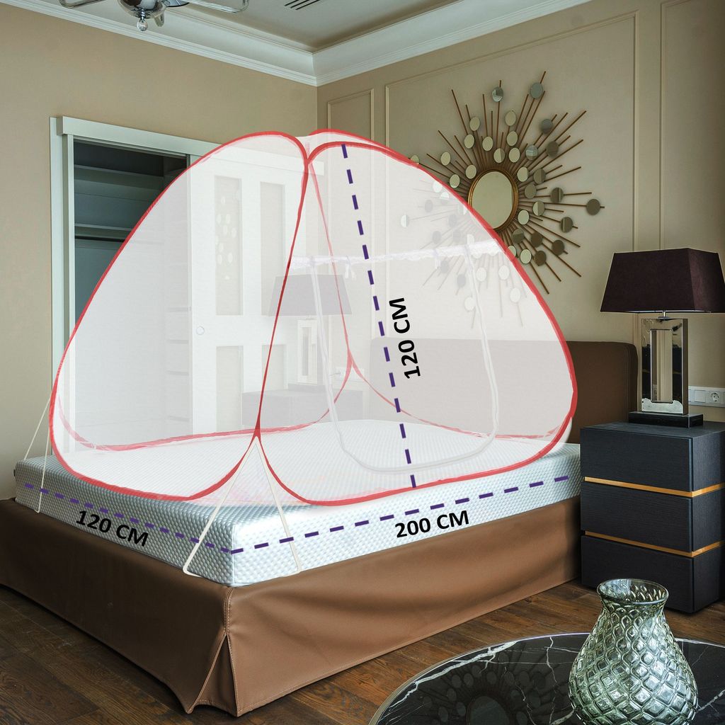 GLOBAL IMPEX Foldable Mosquito Net for Single Bed β 30 GSM Polyester Machardani with Rustproof PVC Coated Steel Frame β Easy Setup Insect Protection Net (White & Red)