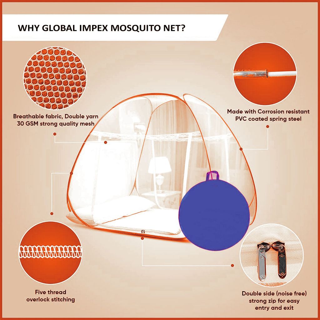 GLOBAL IMPEX Foldable Mosquito Net for King Size Double Bed – 30 GSM Polyester Machardani with Rustproof PVC Coated Steel Frame – Easy Setup for Home Use (White & Orange)