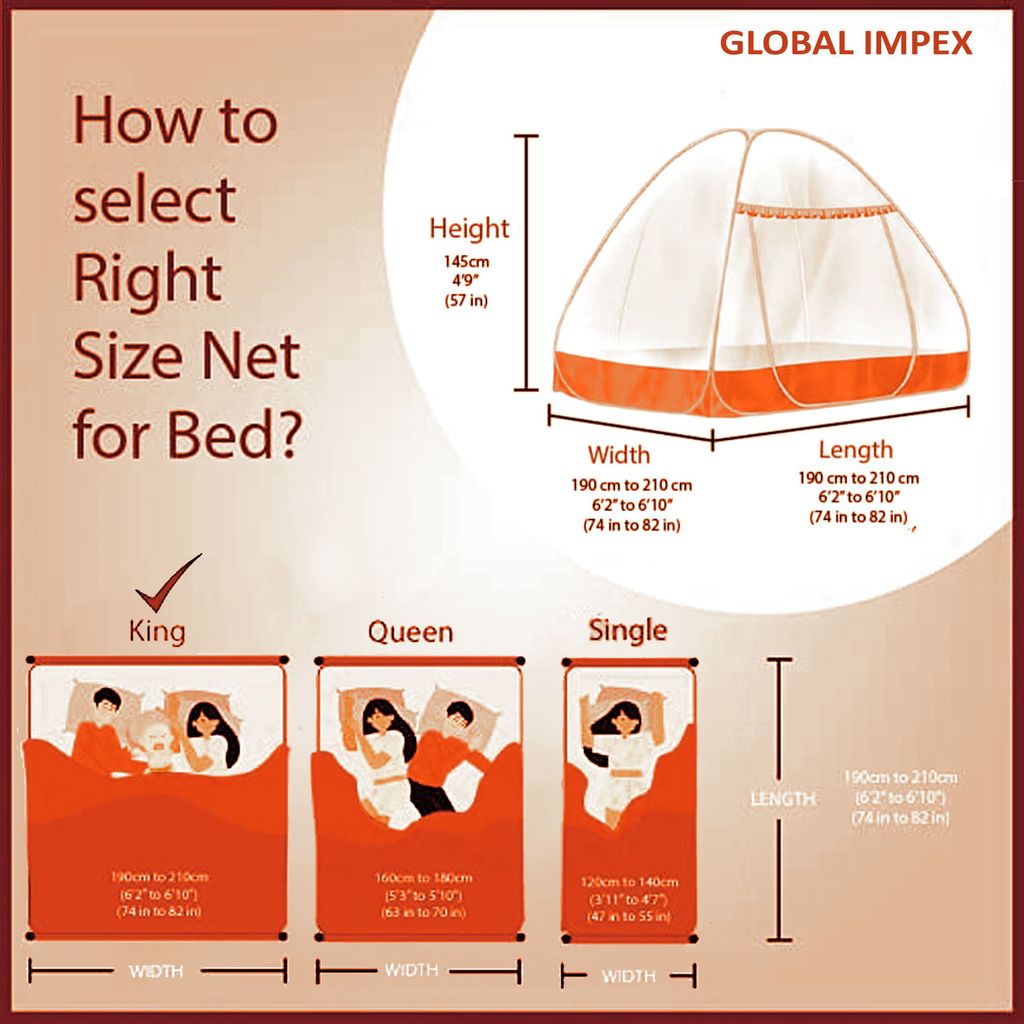 GLOBAL IMPEX Foldable Mosquito Net for King Size Double Bed – 30 GSM Polyester Machardani with Rustproof PVC Coated Steel Frame – Easy Setup for Home Use (White & Orange)