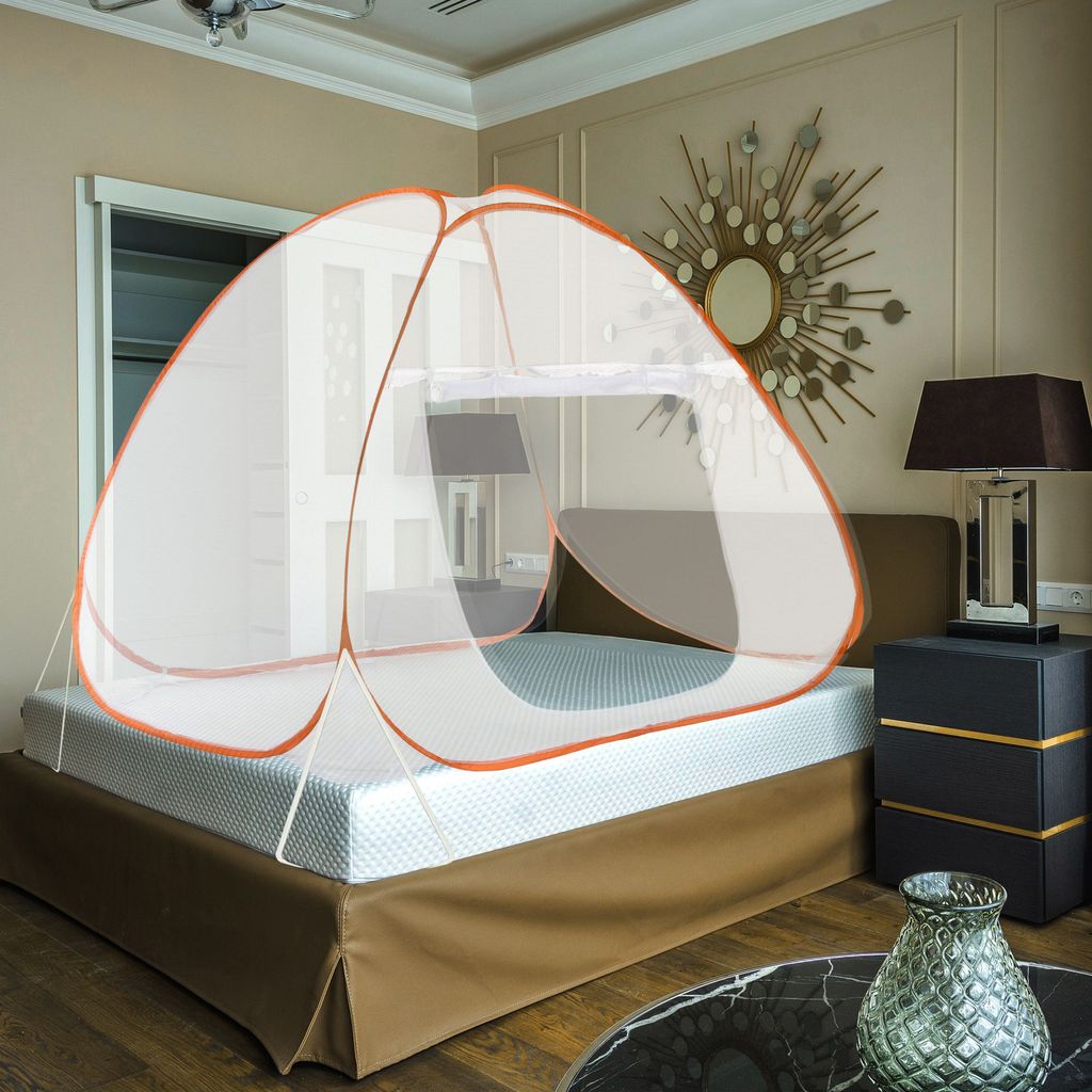 GLOBAL IMPEX Foldable Mosquito Net for King Size Double Bed – 30 GSM Polyester Machardani with Rustproof PVC Coated Steel Frame – Easy Setup for Home Use (White & Orange)