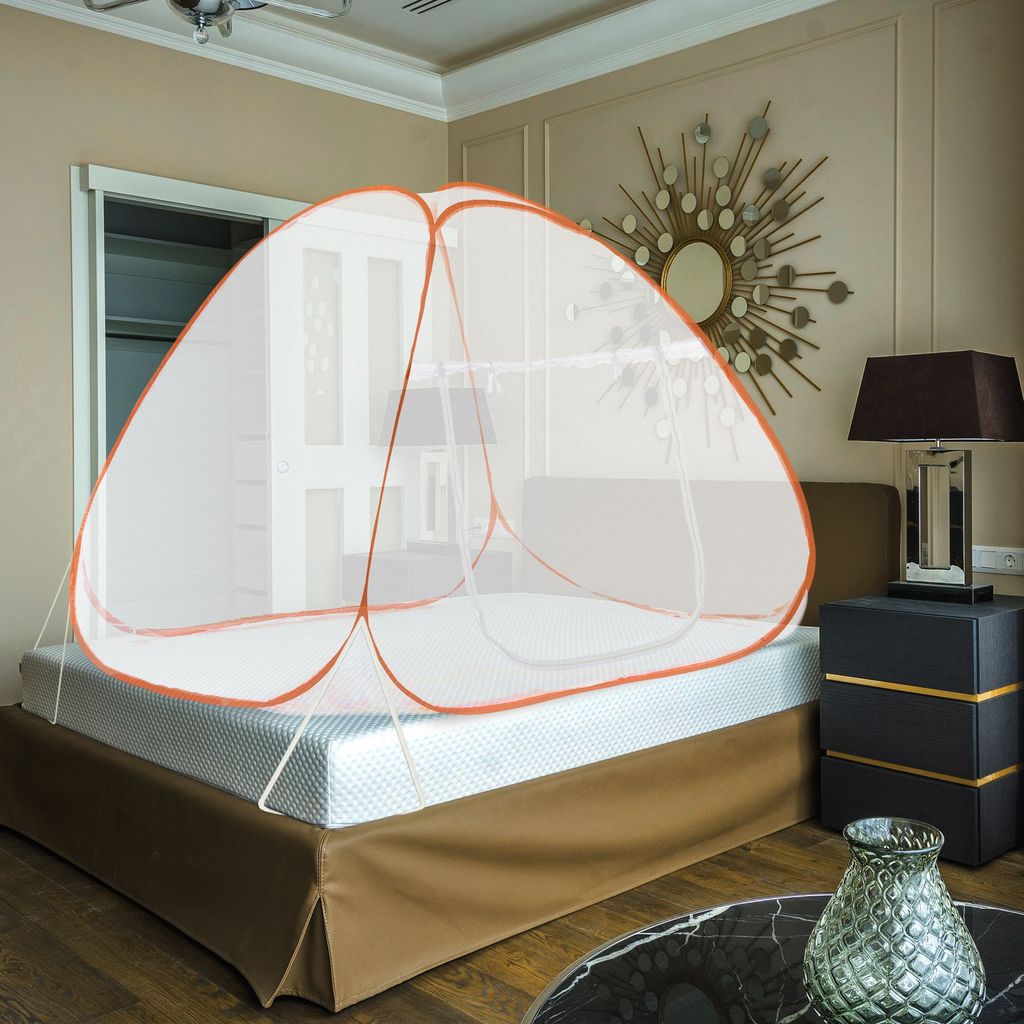 GLOBAL IMPEX Foldable Mosquito Net for King Size Double Bed – 30 GSM Polyester Machardani with Rustproof PVC Coated Steel Frame – Easy Setup for Home Use (White & Orange)