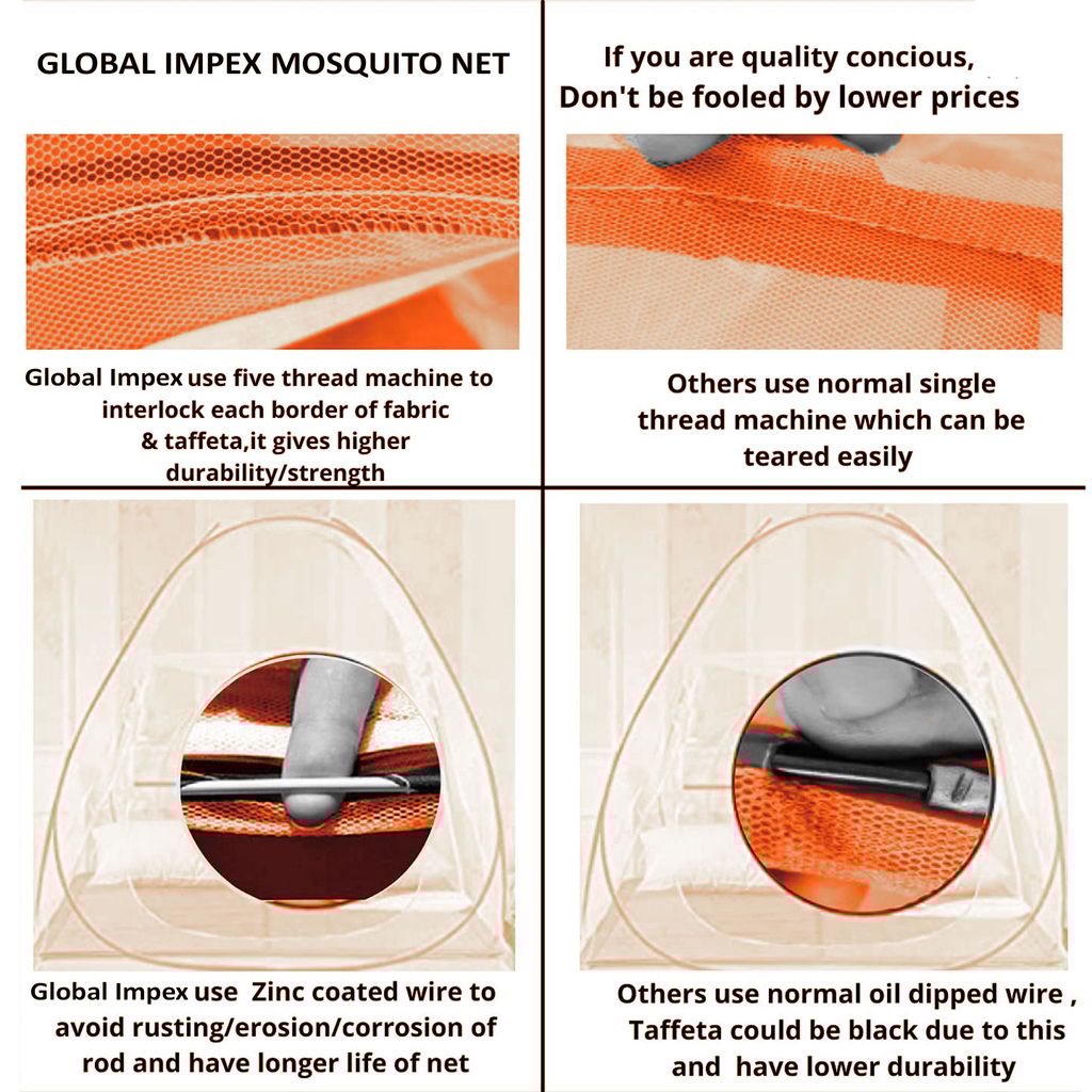 GLOBAL IMPEX Foldable Mosquito Net for King Size Double Bed – 30 GSM Polyester Machardani with Rustproof PVC Coated Steel Frame – Easy Setup for Home Use (White & Orange)