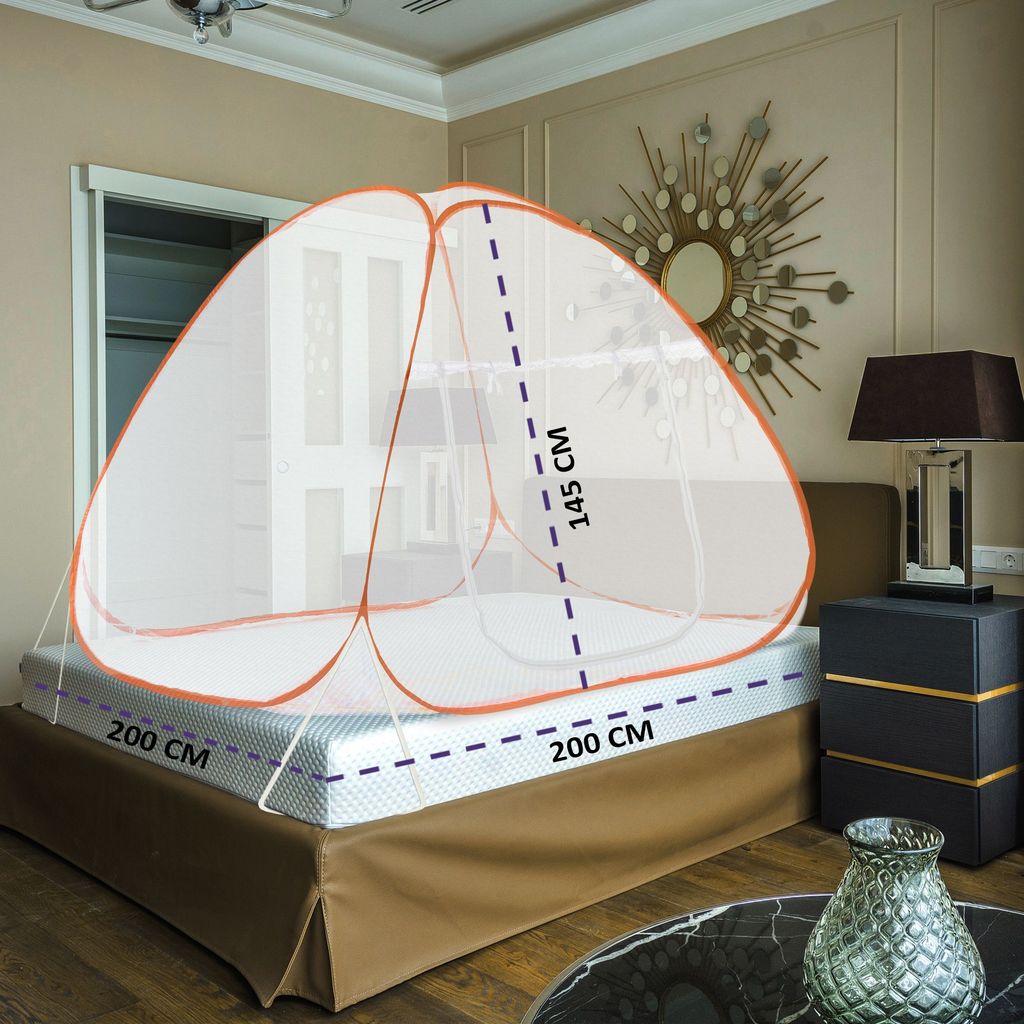 GLOBAL IMPEX Foldable Mosquito Net for King Size Double Bed – 30 GSM Polyester Machardani with Rustproof PVC Coated Steel Frame – Easy Setup for Home Use (White & Orange)