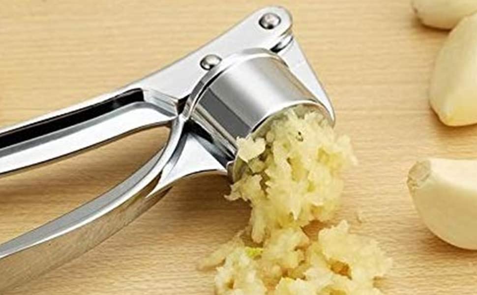 GLOBAL IMPEX 2-in-1 Kitchen Tool Set – Stainless Steel Garlic Crusher & Sharp Pizza Cutter with Plastic Handle – Manual Chopper & Slicer Combo for Home Use (Red, Pack of 2)