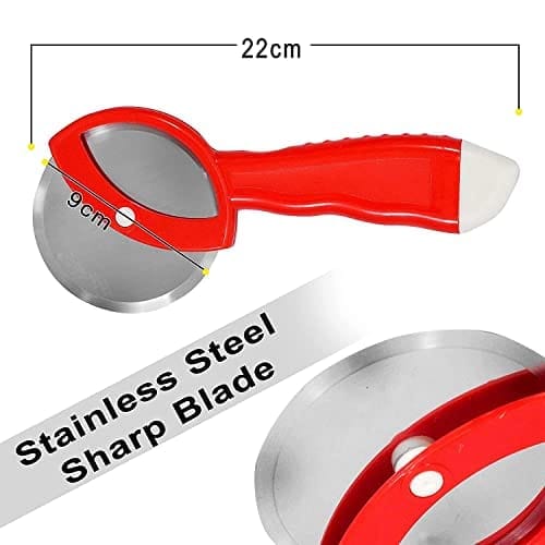 GLOBAL IMPEX 2-in-1 Kitchen Tool Set – Stainless Steel Garlic Crusher & Sharp Pizza Cutter with Plastic Handle – Manual Chopper & Slicer Combo for Home Use (Red, Pack of 2)