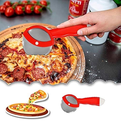 GLOBAL IMPEX 2-in-1 Kitchen Tool Set – Stainless Steel Garlic Crusher & Sharp Pizza Cutter with Plastic Handle – Manual Chopper & Slicer Combo for Home Use (Red, Pack of 2)