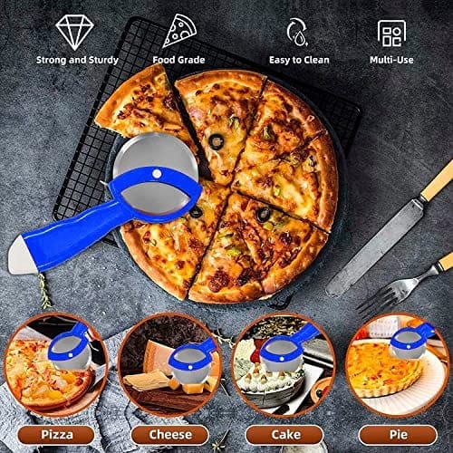 GLOBAL IMPEX 2-in-1 Kitchen Tool Set – Stainless Steel Garlic Crusher & Sharp Pizza Cutter with Plastic Handle – Manual Chopper & Slicer Combo for Home Use (Blue, Pack of 2)