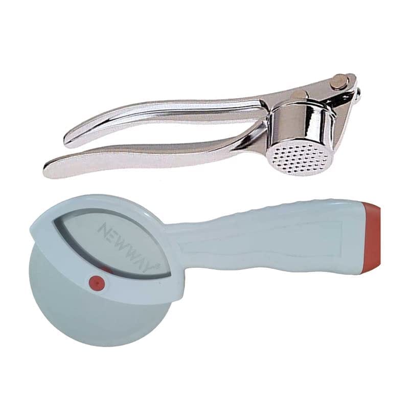 GLOBAL IMPEX 2-in-1 Kitchen Tool Set ā Stainless Steel Garlic Crusher & Sharp Pizza Cutter with Plastic Handle ā Manual Chopper & Slicer Combo for Home Use (White, Pack of 2)
