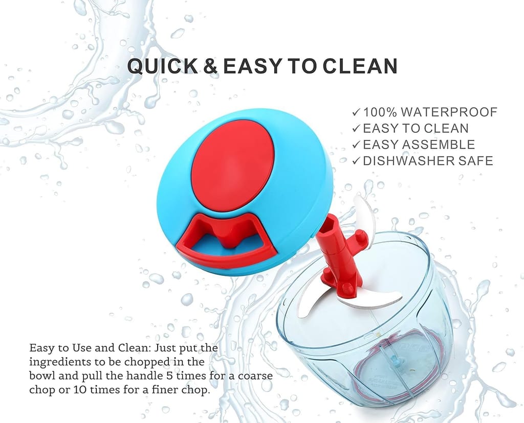 GLOBAL IMPEX Vegetable Quick Mini Handy Dori Chopper with 3 Steel Blade for Effortlessly Chopping Fruits and Whisker Multipurpose Compact Dry Fruit and Onion Speedy Cutter (Sky Blue & Red 450ml)