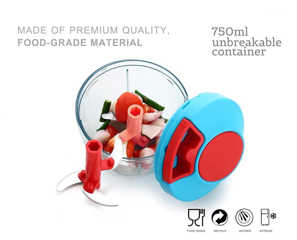 GLOBAL IMPEX Vegetable Quick Mini Handy Dori Chopper with 3 Steel Blade for Effortlessly Chopping Fruits and Whisker Multipurpose Compact Dry Fruit and Onion Speedy Cutter (Sky Blue & Red 450ml)