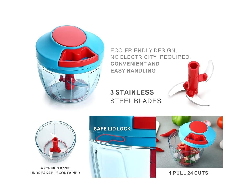 GLOBAL IMPEX Vegetable Quick Mini Handy Dori Chopper with 3 Steel Blade for Effortlessly Chopping Fruits and Whisker Multipurpose Compact Dry Fruit and Onion Speedy Cutter (Sky Blue & Red 450ml)