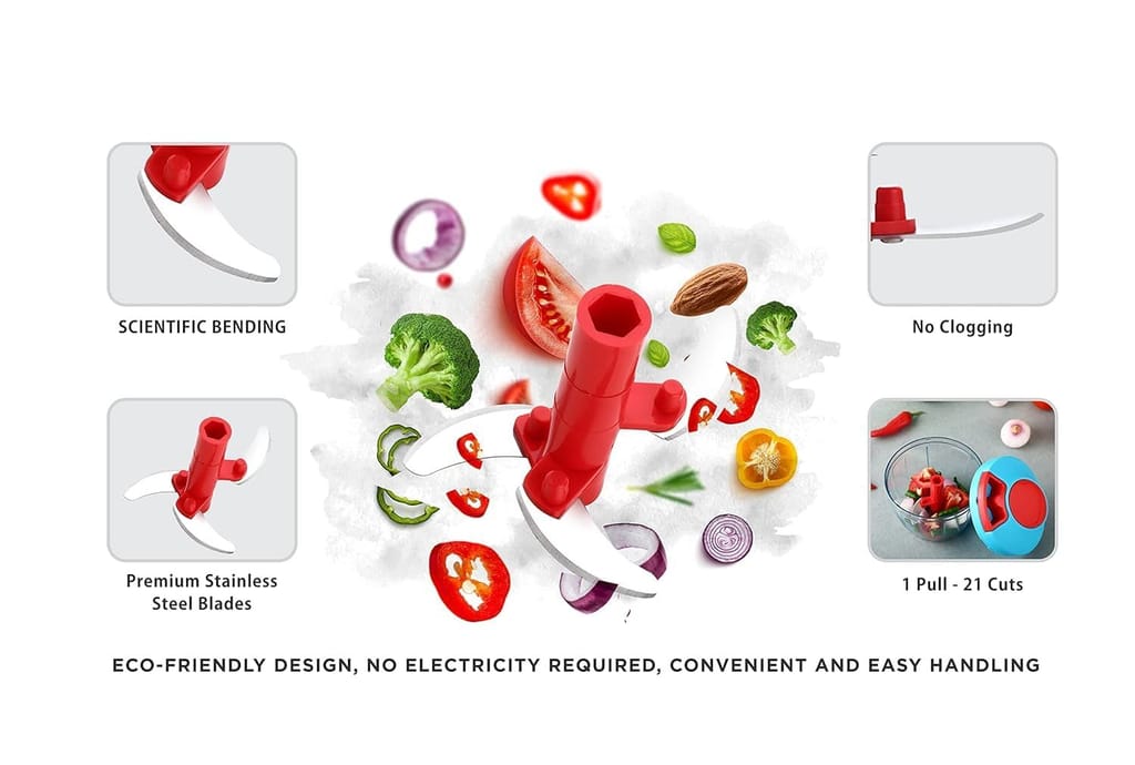 GLOBAL IMPEX Vegetable Quick Mini Handy Dori Chopper with 3 Steel Blade for Effortlessly Chopping Fruits and Whisker Multipurpose Compact Dry Fruit and Onion Speedy Cutter (Sky Blue & Red 450ml)