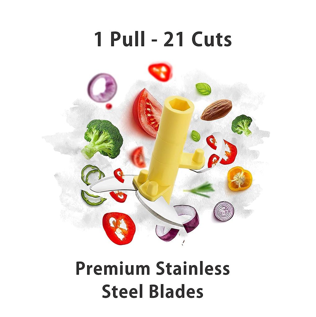 GLOBAL IMPEX Vegetable Round Quick Handy Dori Chopper (450 ml) with 3 Stainless Steel Blade and Whisker Multipurpose Speedy, Dry Fruit and Onion Machine for Kitchen Tool (Navy Blue & Yellow)