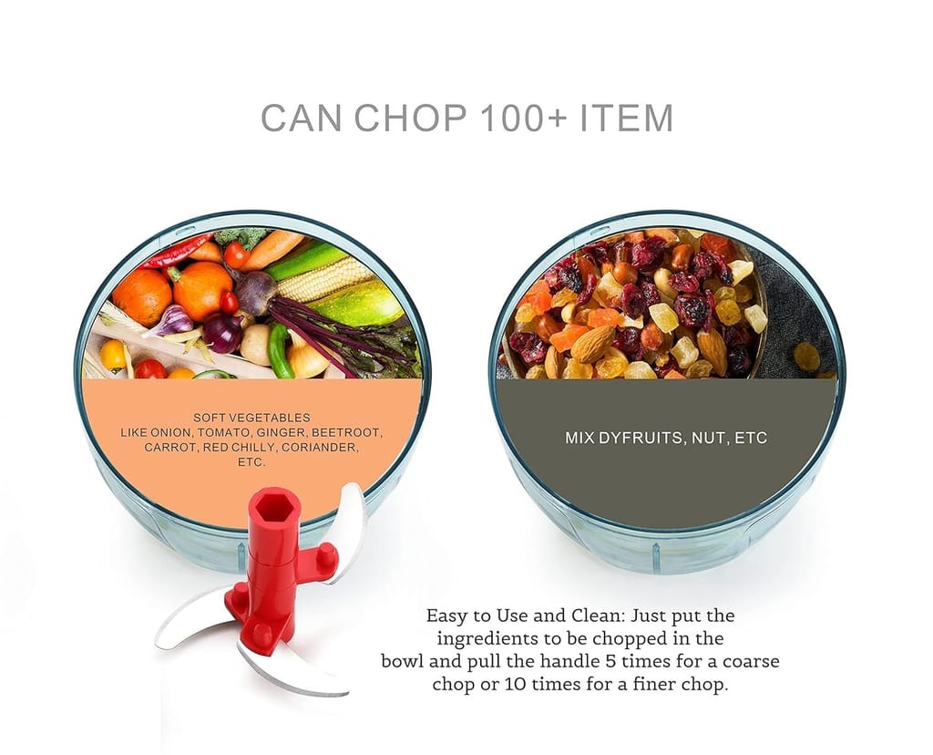 GLOBAL IMPEX Vegetable Quick Mini Handy Dori Chopper with 3 Steel Blade for Effortlessly Chopping Fruits and Whisker Multipurpose Compact Dry Fruit and Onion Speedy Cutter (Sky Blue & Red 450ml)