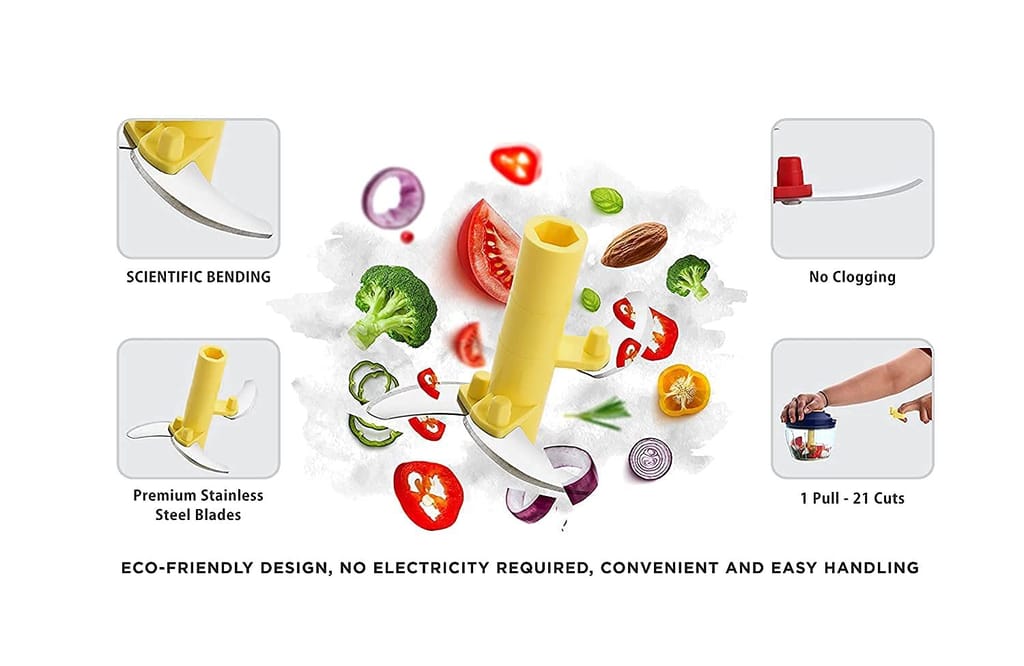 GLOBAL IMPEX Vegetable Round Quick Handy Dori Chopper (450 ml) with 3 Stainless Steel Blade and Whisker Multipurpose Speedy, Dry Fruit and Onion Machine for Kitchen Tool (Navy Blue & Yellow)