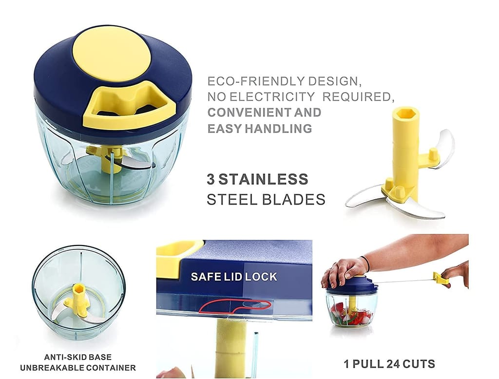GLOBAL IMPEX Vegetable Round Quick Handy Dori Chopper (450 ml) with 3 Stainless Steel Blade and Whisker Multipurpose Speedy, Dry Fruit and Onion Machine for Kitchen Tool (Navy Blue & Yellow)