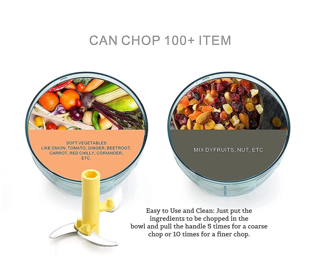 GLOBAL IMPEX Vegetable Round Quick Handy Dori Chopper (450 ml) with 3 Stainless Steel Blade and Whisker Multipurpose Speedy, Dry Fruit and Onion Machine for Kitchen Tool (Navy Blue & Yellow)