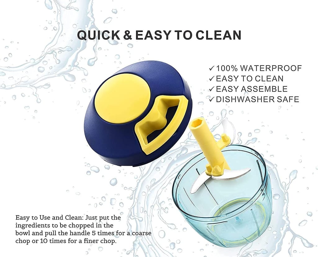 GLOBAL IMPEX Vegetable Round Quick Handy Dori Chopper (450 ml) with 3 Stainless Steel Blade and Whisker Multipurpose Speedy, Dry Fruit and Onion Machine for Kitchen Tool (Navy Blue & Yellow)